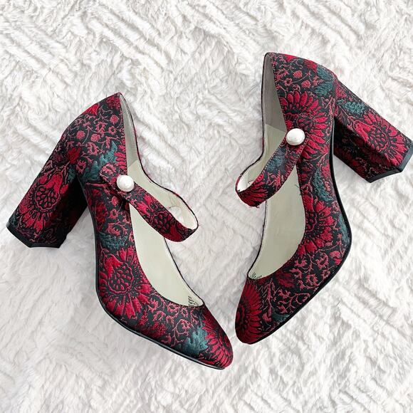 1901 Shoes - 1901 Red Floral Brocade Mary Jane Heels with Pearl Detail